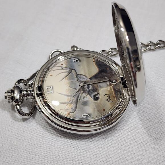 Al Agnew White Tailed Deer Pocket Watch Quartz Movement Silver Tone Case Chain - Picture 13 of 16